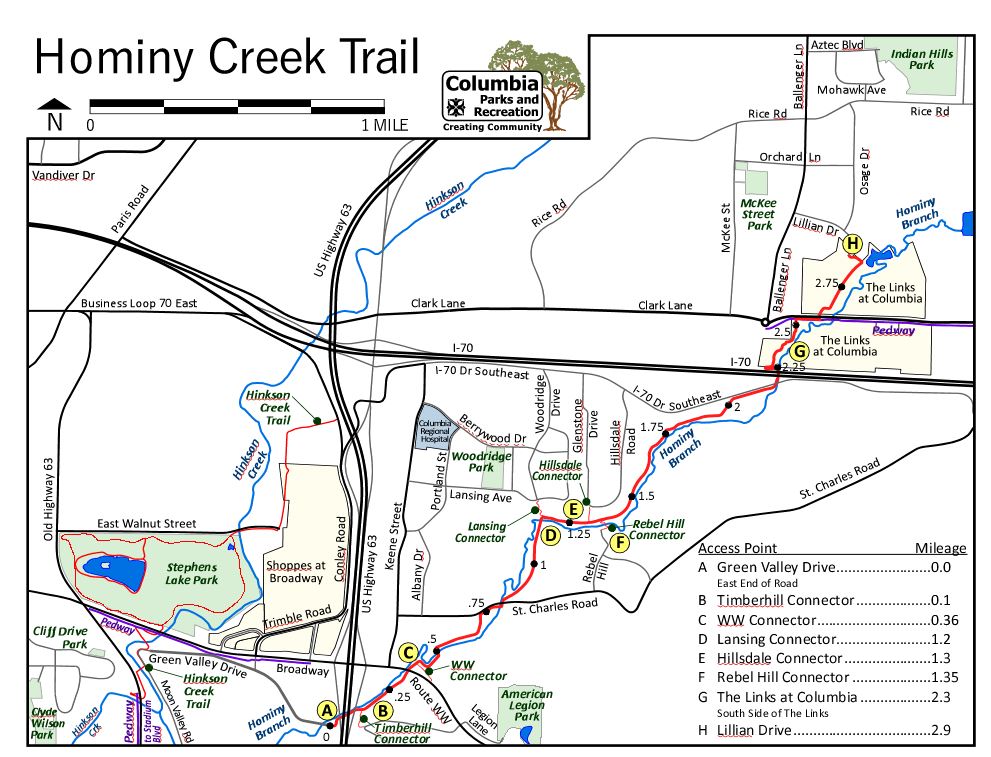 This is a line drawing of the 3.0 mile Hominy Creek Trail showing the connection to Stephens Lake Park and the terminus of the trail north of Interstate 70.
