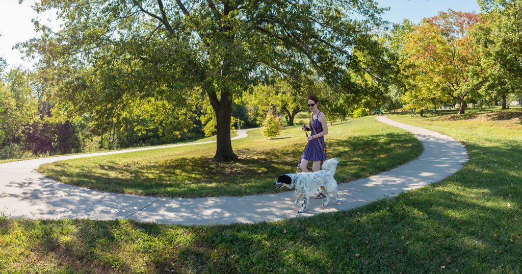 Lady walking dog on Lions-Stephens Park Trail