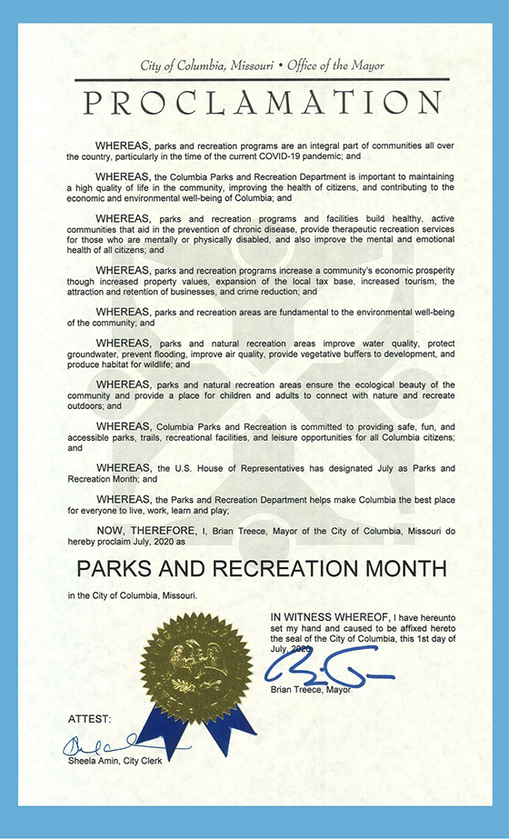 City of Columbia July is Parks and Recreation Month Proclamation