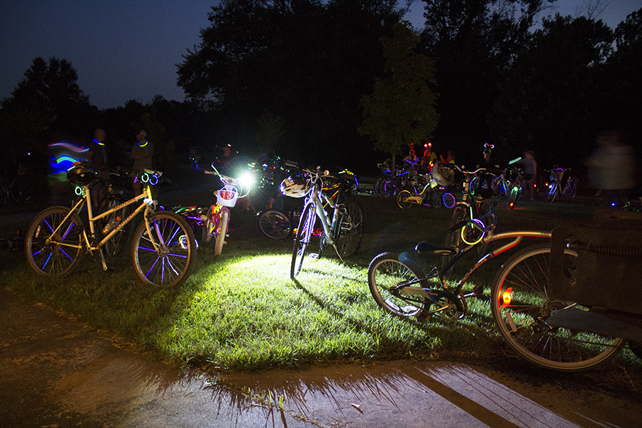 Bicycles on the lawn at night