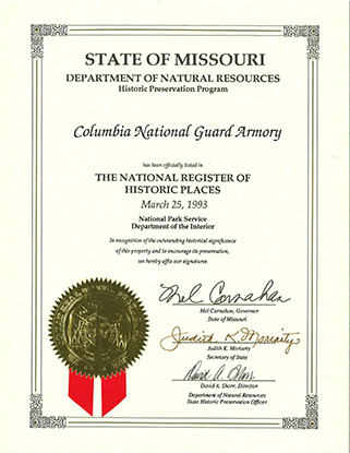 Armory National Register of Historic Places Certificate