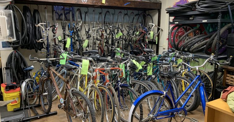 Group of bicycles available for suggested donation.