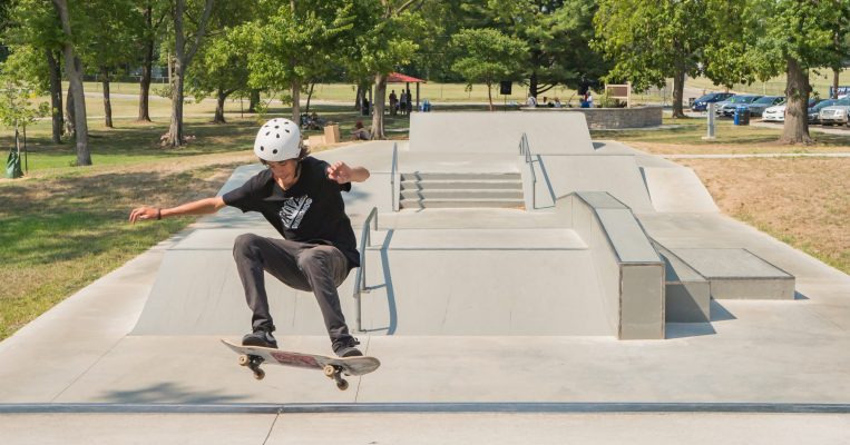 Quinn Bryan goes airborne at the Douglass Park Skatepark.